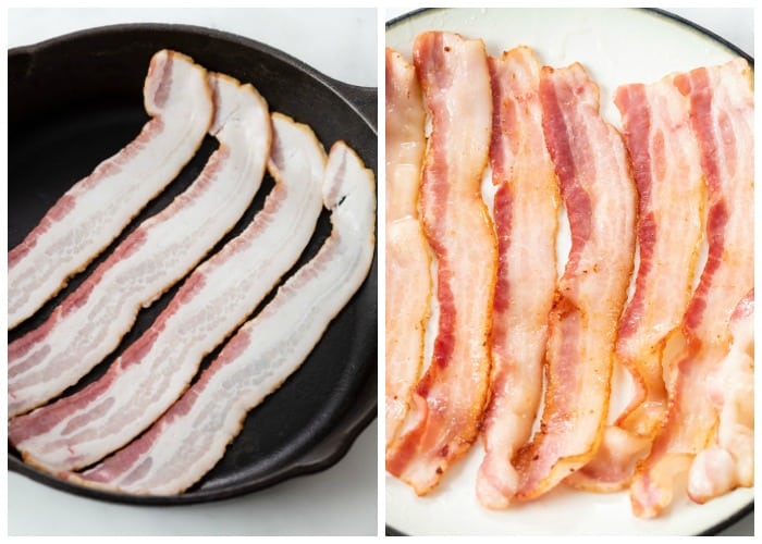 Bacon before and after being partially fried in a skillet.