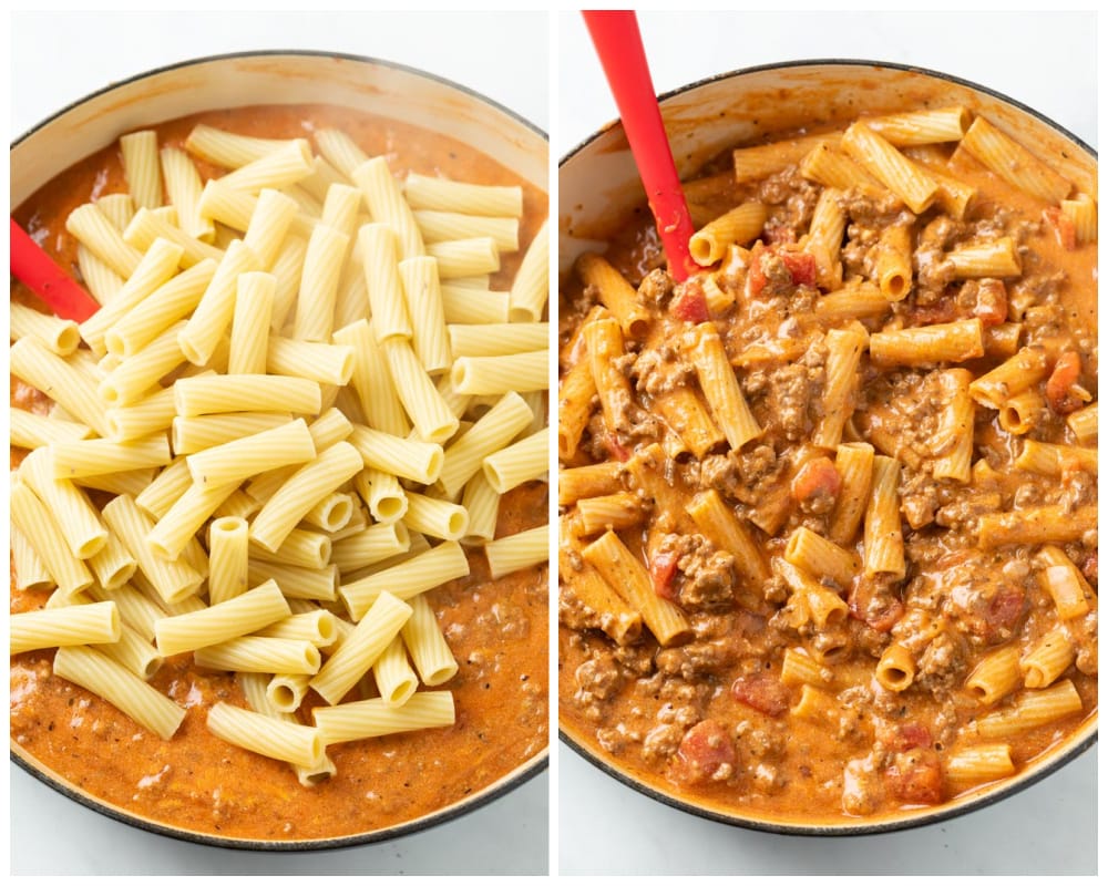 Adding warm penne noodles and stirring them into creamy tomato sauce with ground beef for ground beef casserole.