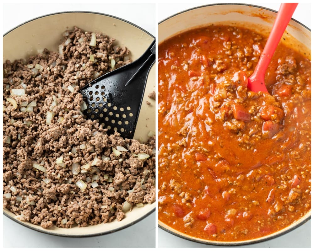 Ground beef in a pot with tomato sauce being added for ground beef casserole.